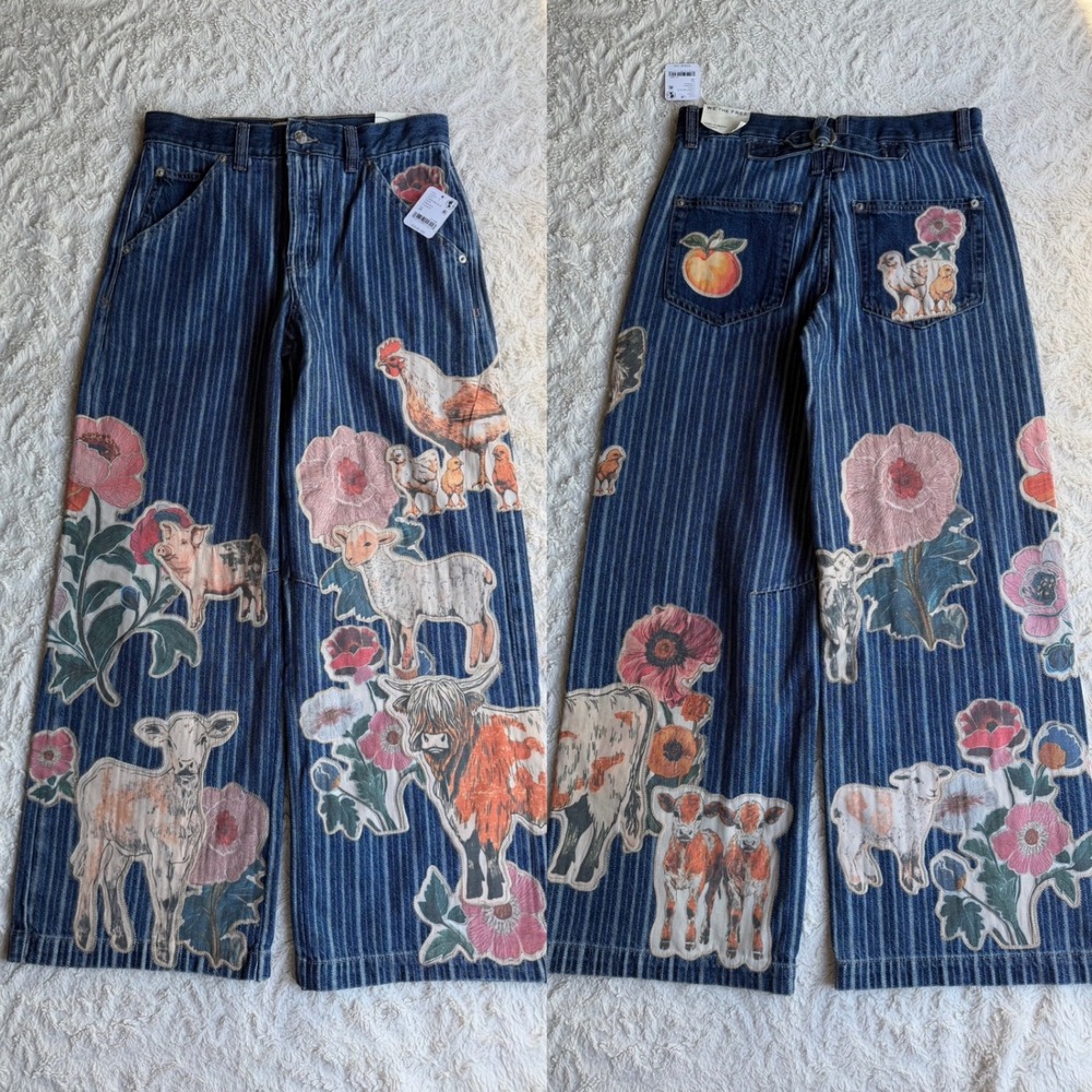 New Free People We The Free Farm To Peach Patched Jeans Barnyard Blue NWT‎ 26 - Picture 9 of 12